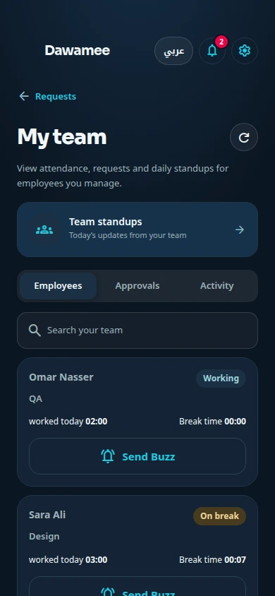 The My team screen: employees marked Working or On break, their hours worked today, and a Send Buzz button for each.